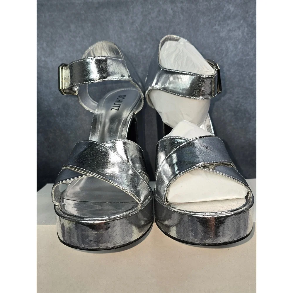 NWB Schutz Penelope Platform Sandal Silver Metallic Block Heel Womens 9.5